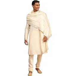 Men's Viscose Kurta, Pyjama & Dupatta Set | Solid Kurta And Pyjama Set on Fluid Viscose Fabric of Natural Yarn In Cream Color with Maroon Mirror Dupatta.-image-5