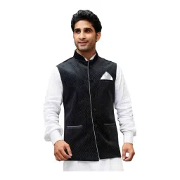VASTRAMAY Black Straight Fit Printed Nehru Jacket-picture-31