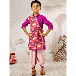 VASTRAMAY Boys Animal Printed Mandarin Collar Angrakha Kurta With Dhoti Pants-picture-12