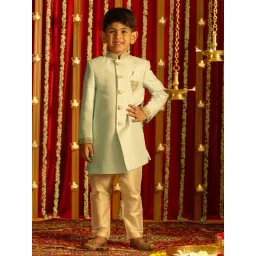 VASTRAMAY Boys Aqua & Cream Embroidery Full Sleeves Indowestern Sets-picture-10