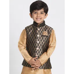 VASTRAMAY Boys Black & Gold Colored Woven Design Nehru Jackets-picture-27