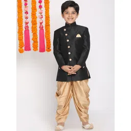 VASTRAMAY Boys Black & Gold Slim-Fit Jute Cotton Sherwani Set-picture-57