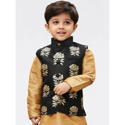 VASTRAMAY Boys Black And Gold Woven Design Printed Slim-Fit Nehru Jacket-picture-12