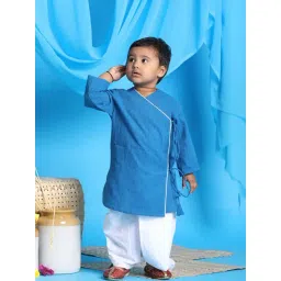 VASTRAMAY Boys Blue & White Cotton Solid Full Sleeves Kurta Sets-picture-25