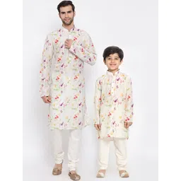 VASTRAMAY Boys Cream-Coloured Floral Printed Regular Kurta with Churidar-picture-20