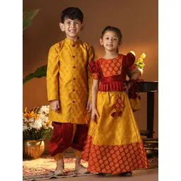 VASTRAMAY Boys Ethnic Motifs Woven Design Mandarin Collar Straight Kurta With Dhoti Pants-picture-35