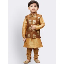 VASTRAMAY Boys Gold-Toned Regular Kurta Pyjamas With Jacket-picture-10