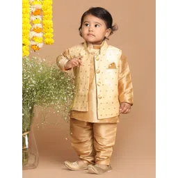 VASTRAMAY Boys Gold -Toned Woven Design Slim-Fit Nehru Jacket-picture-12
