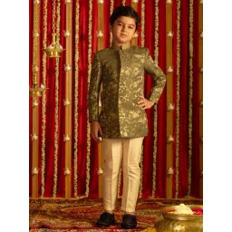 VASTRAMAY Boys Green & Cream Self Full Sleeves Indowestern Sets-picture-23