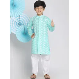 VASTRAMAY Boys Green & White Embroidered Pure Cotton Kurta with Pyjamas-picture-31