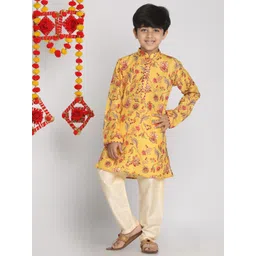 VASTRAMAY Boys Mandarin Collar Long Sleeves Floral Printed Straight Kurta with Churidar-picture-53
