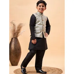 VASTRAMAY Boys Mandarin Collar Long Sleeves Kurta With Pyjamas & Nehru Jacket-picture-53