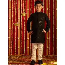 VASTRAMAY Boys Mandarin Collar Long Sleeves Sequined Embroidered Kurta with Pyjama-picture-50