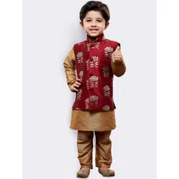 VASTRAMAY Boys Maroon & Gold-Toned Floral Regular Kurta with Pyjamas-picture-30