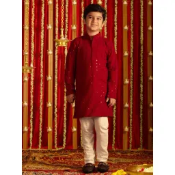 VASTRAMAY Boys Maroon & White Embroidery Full Sleeves Kurta Sets-picture-22