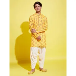 VASTRAMAY Boys Mustard & Cream Floral Full Sleeves Kurta Sets-picture-14