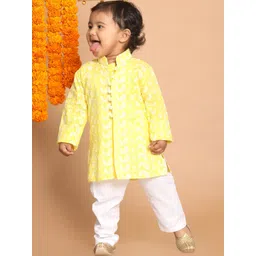 VASTRAMAY Boys Mustard Yellow And White Pure Cotton Chikankari Kurta Pyjama Set-picture-23