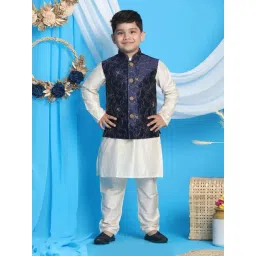 VASTRAMAY Boys Navy & Cream Embroidery Full Sleeves Kurta Sets-picture-20