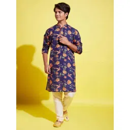 VASTRAMAY Boys Navy & Cream Floral Full Sleeves Kurta Sets-picture-43