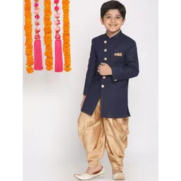 VASTRAMAY Boys Navy Blue & Gold-Coloured Solid Slim-Fit Jute Cotton Sherwani Set-picture-21