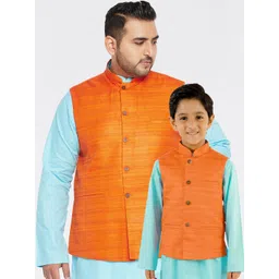 VASTRAMAY Boys Orange Woven Design Nehru Jacket image 1