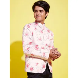 VASTRAMAY Boys Peach, Pink and Grey Printed Slim-Fit Bandhgala Blazer-picture-56