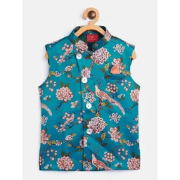 VASTRAMAY Boys Turquoise Blue & Green Printed Nehru Jacket-picture-33