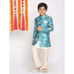 VASTRAMAY Boys Turquoise Floral Full Sleeves Indowestern Sets-picture-11