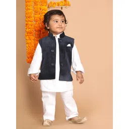 VASTRAMAY Boys White & Blue Cotton Blend Kurta Pyjama Polka Dot Printed Nehru Jacket-picture-37