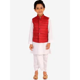 VASTRAMAY Boys White & Red Solid Kurta with Churidar & Nehru Jacket-picture-33