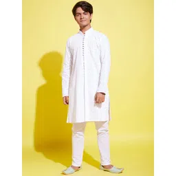 VASTRAMAY Boys White Paisley Embroidered Chikankari Pure Cotton Kurta with Pyjamas-picture-29