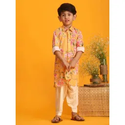 VASTRAMAY Boys Yellow Floral Full Sleeves Kurta Sets-picture-23