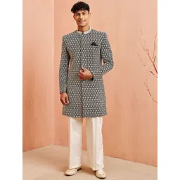 VASTRAMAY Embroidered Slim-Fit Mandarin Collar Sherwani Set-picture-14