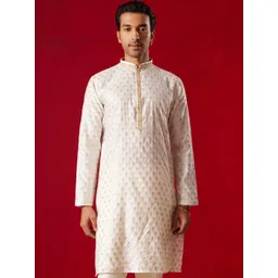 VASTRAMAY Ethnic Motifs Woven Design Mandarin Collar Jacquard Kurta-picture-21