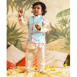 Vastramay Full Sleeveless Floral Printed Kurta Pyjama SetWith Jacket - Yellow Aqua Blue And Cream image 1
