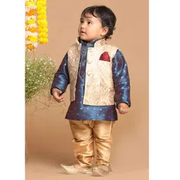 Vastramay Full Sleeves Blocks Foil Printed Kurta & Pyjama With Damask Motif Printed Nehru Jacket - Blue & Rose Gold-picture-13