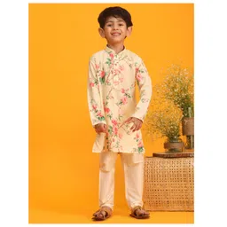Vastramay Full Sleeves Floral Printed Kurta & Pajama - Yellow Cream-image-2