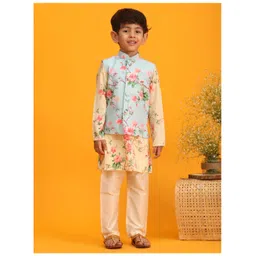 Vastramay Full Sleeves Floral Printed Kurta Pajama With Sleeveless Jacket - Blue Yellow-picture-11