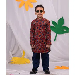 Vastramay Full Sleeves Floral Printed Kurta With Solid Pyjama - Rust Brown & Navy Blue-picture-19