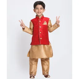 Vastramay Full Sleeves Kurta With Square Brocade Work Jacket & Pyjama Set - Golden-picture-27