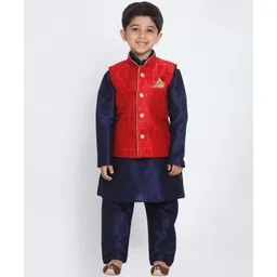 Vastramay Full Sleeves Kurta With Square Brocade Work Jacket & Pyjama Set - Red-picture-10