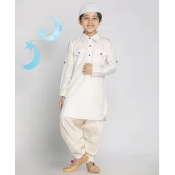 Vastramay Full Sleeves Solid Color Kurta & Pyjama Set With Cap - Cream-picture-14
