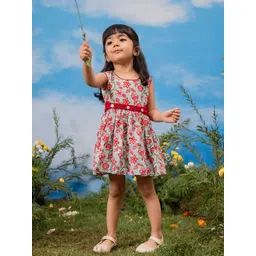 VASTRAMAY Girl Floral Print Round Neck Sleeveless Fit & Flare Dress-picture-37