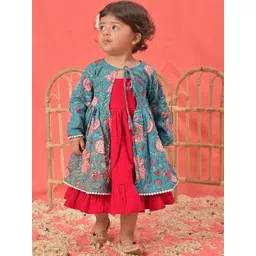 VASTRAMAY Girls Cotton Dress With Printed Jacket-picture-43