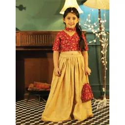 VASTRAMAY Girls Embroidered Top & Rose Gold Skirt With Matching Neckless & Potli Bag-picture-49