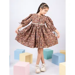 VASTRAMAY Girls Floral Print Tie-Up Neck Fit & Flare Dress-picture-42