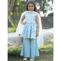 VASTRAMAY Girls Floral Printed Round Neck Pure Cotton Kurta with Sharara & With Dupatta-picture-17