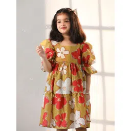 VASTRAMAY Girls Floral Printed Square Neck Tiered Cotton Schiffli Empire Dress-picture-16
