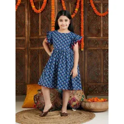 VASTRAMAY Girls Indigo Blue Cotton Floral Dresses-picture-33