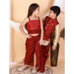 VASTRAMAY Girls Maroon & Gold-Toned Embroidered Sequinned Ready to Wear Lehenga &-picture-48